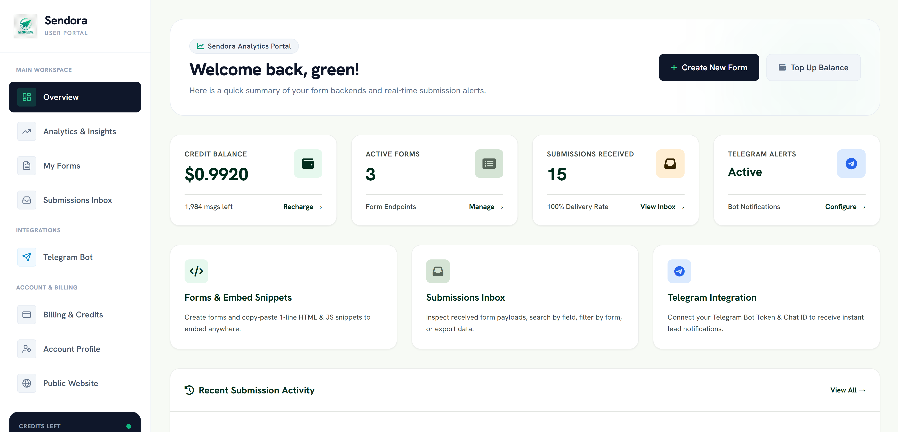 Sendora Platform Dashboard & Form Backend Interface